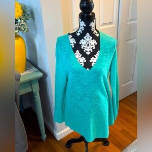 Eileen Fisher  Sz M Sweater V-Neck Organic Linen Cotton Slub Turquoise Green